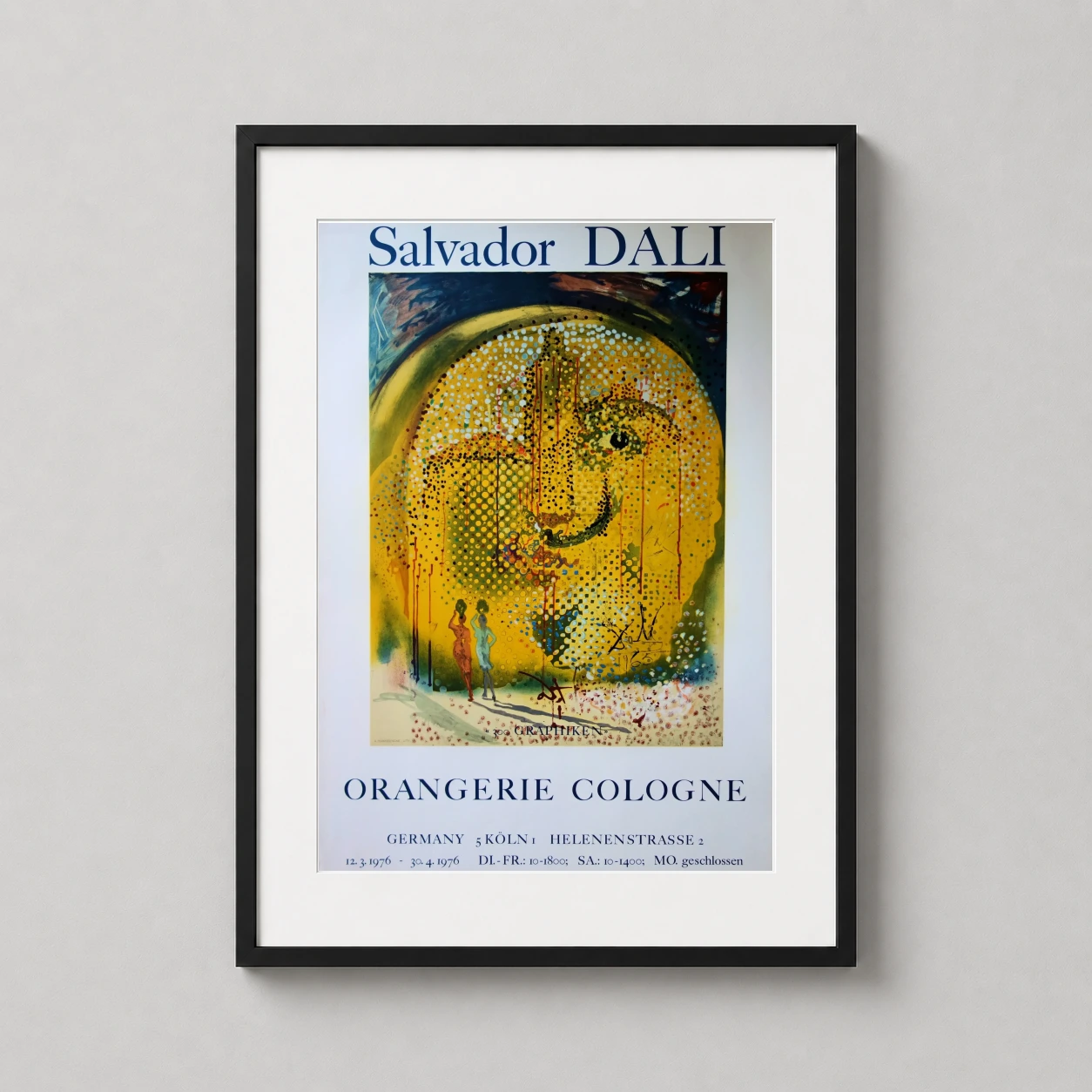 Salvador Dali Orangerie Cologne — this vintage exhibition poster features a surreal Salvador Dali