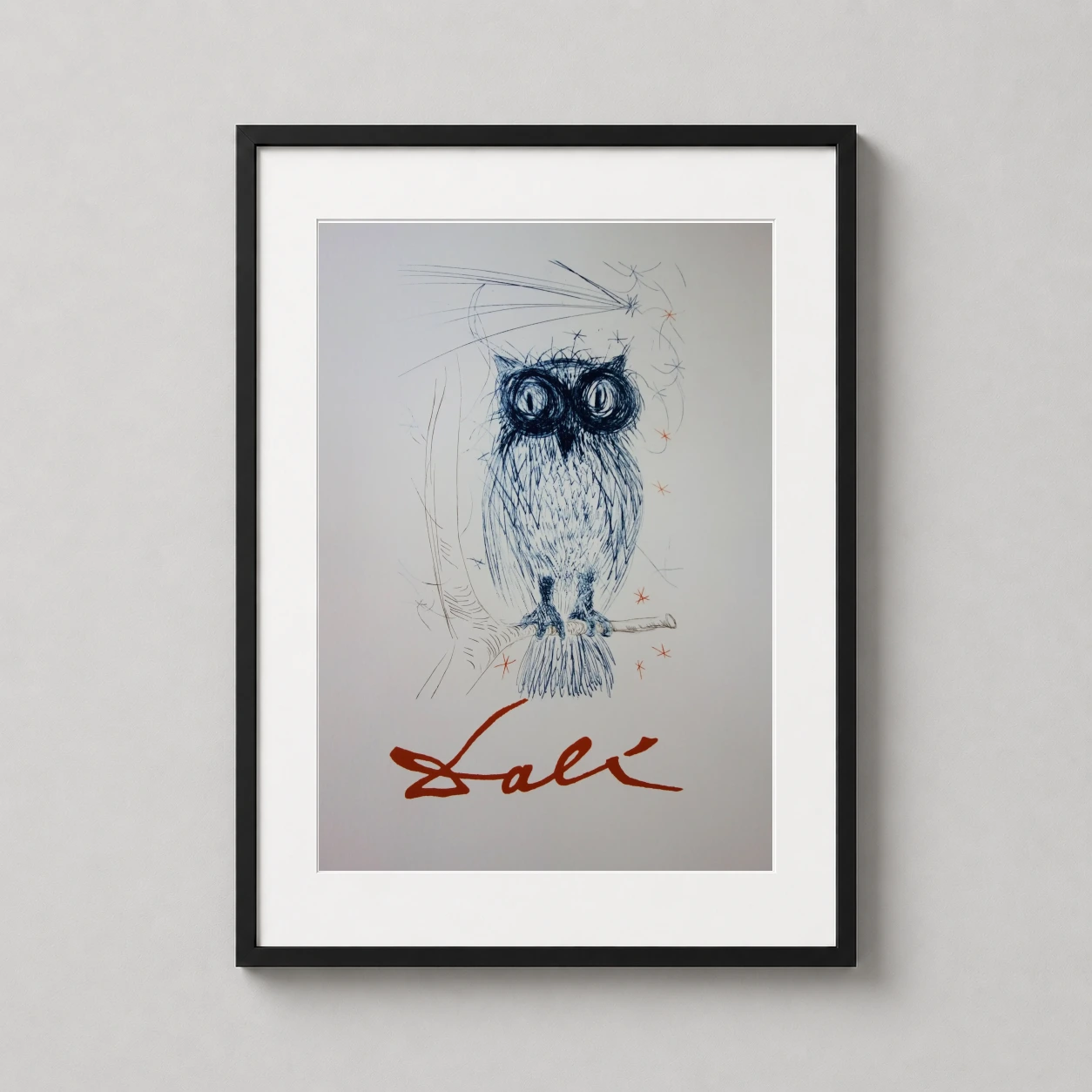 Salvador Dali — scribbled blue ink owl with hypnotic eyes and a bold red signature