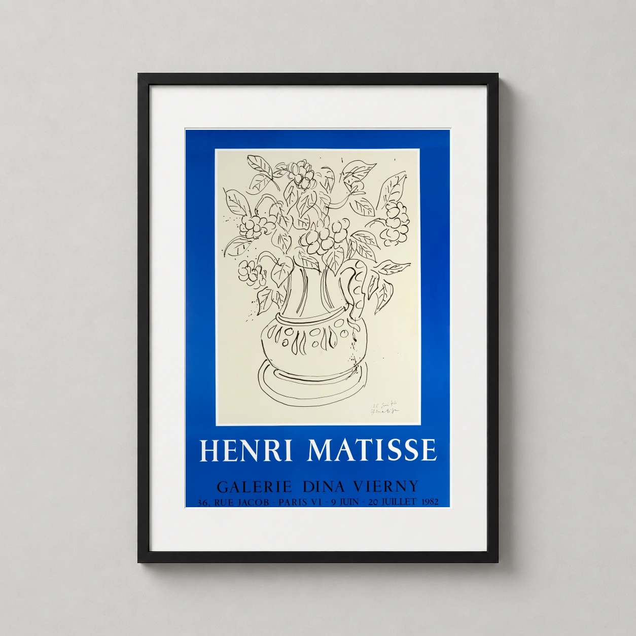 Henri Matisse Galerie Dina — minimalist black ink sketch of a floral bouquet in a decorated vase