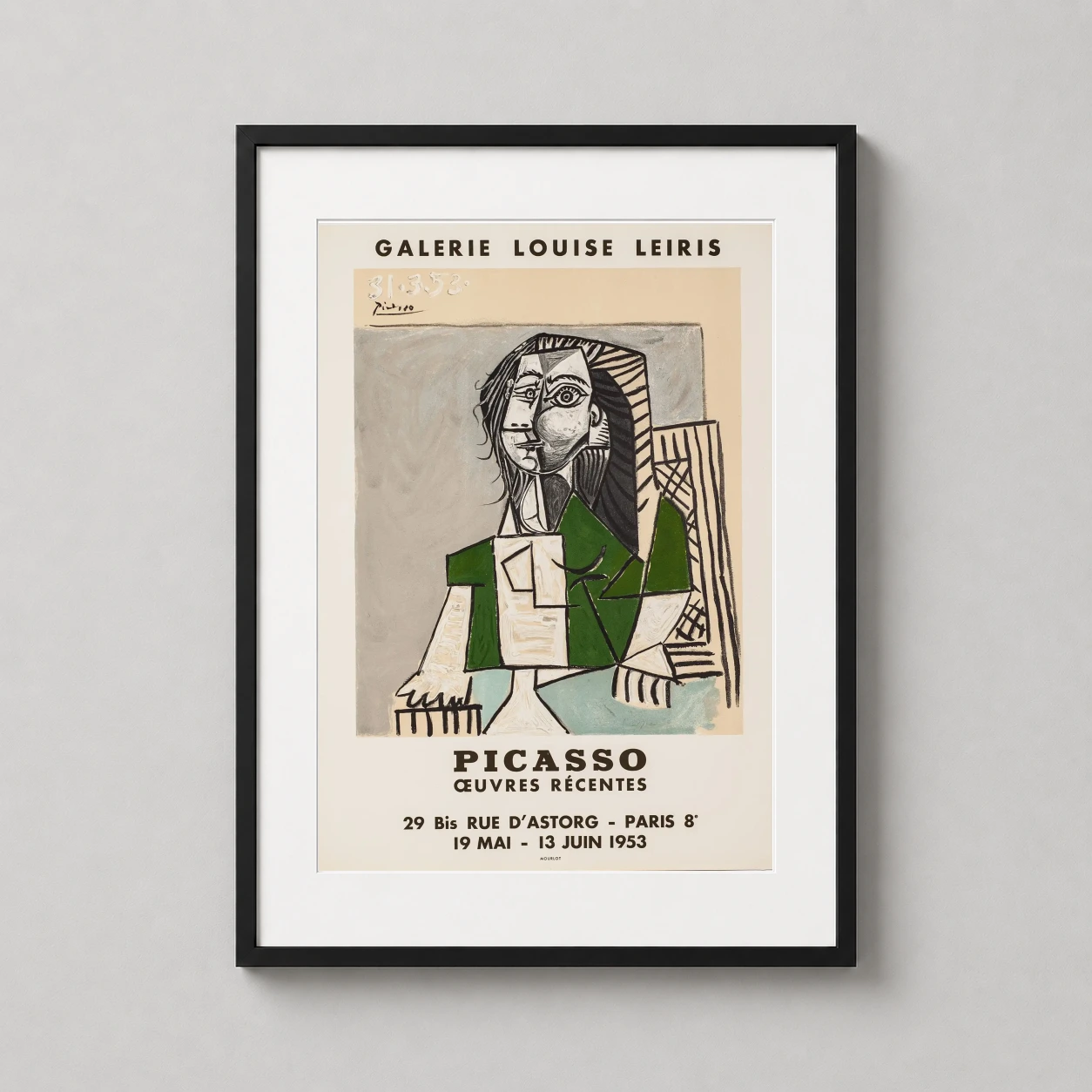 Pablo Picasso Cubist Woman — vintage 1953 Pablo Picasso exhibition art print featuring a cubist