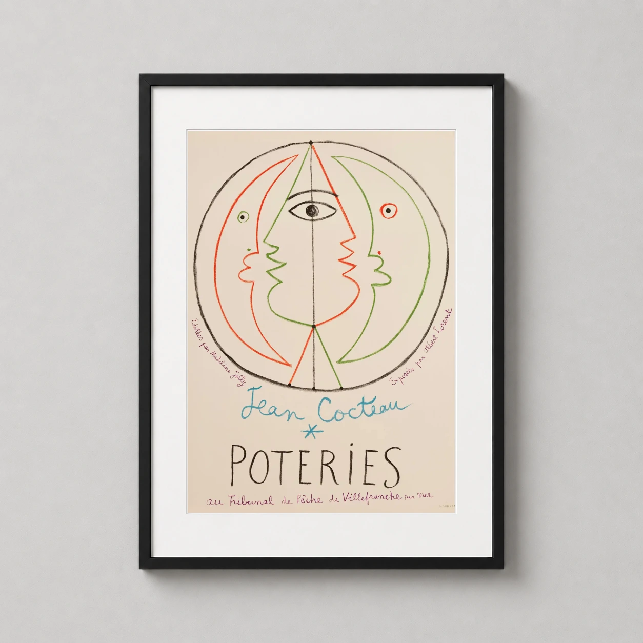 Jean Cocteau Poteries Villefranche — french modernist exhibition poster featuring abstract line-art faces