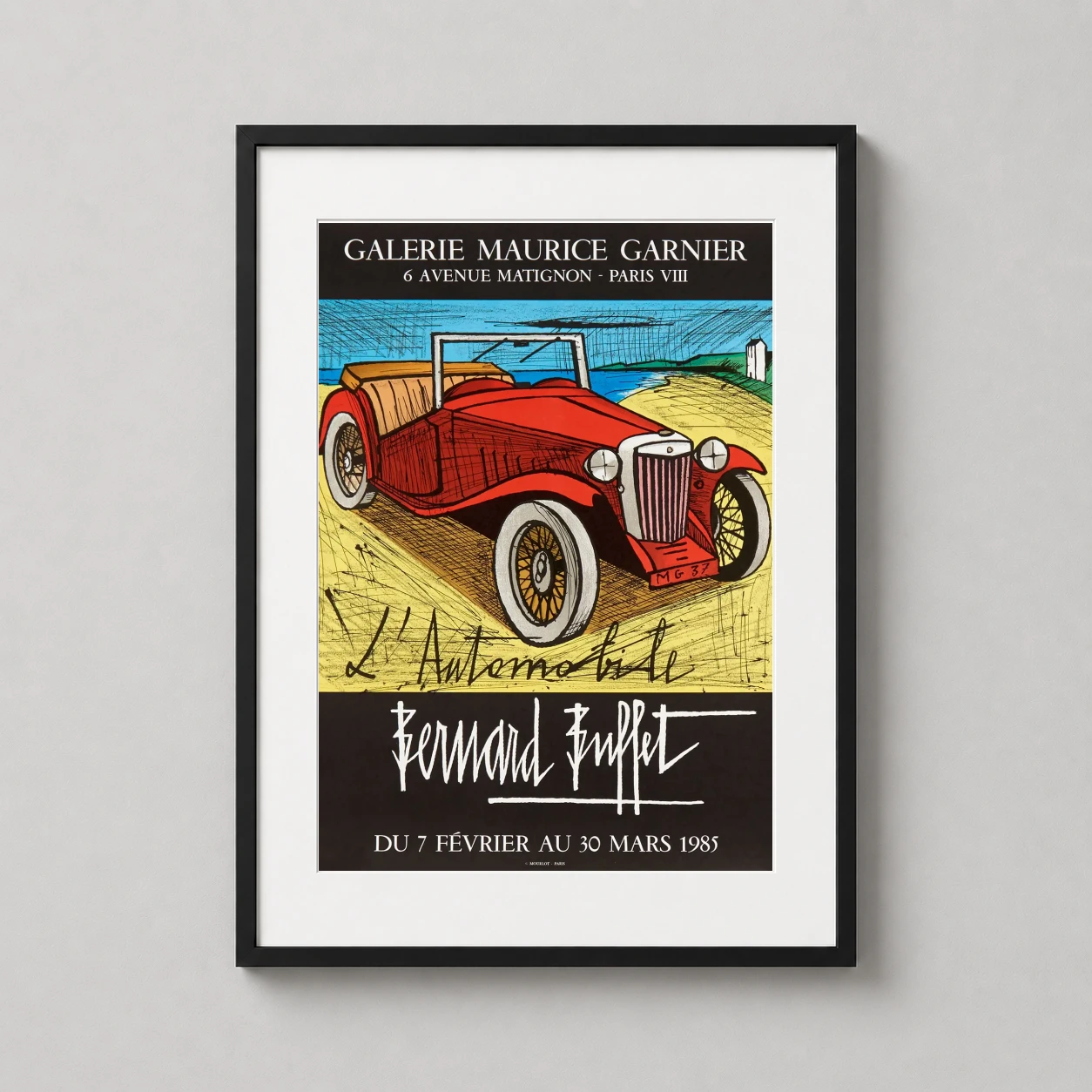 L'automobile Bernard Buffet Car — vibrant red vintage MG 37 car is captured in Bernard Buffet's signature