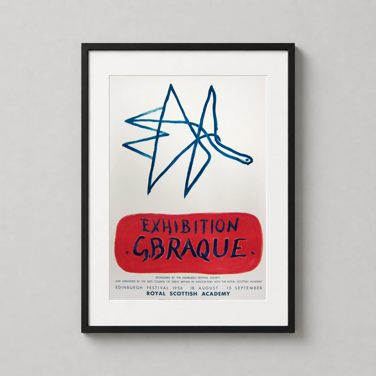 Georges Braque L'oiseau Edinburgh — minimalist blue bird sketch by Georges Braque floats above a vibrant