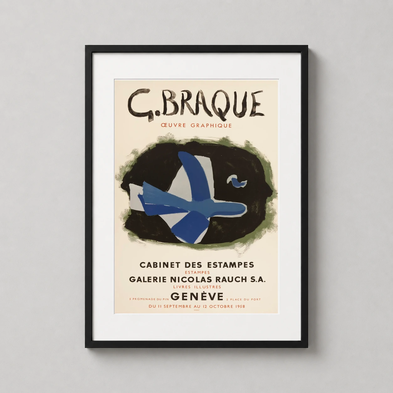 Georges Braque L'oiseau Forets — 1958 exhibition poster featuring Georges Braque's abstract blue bird