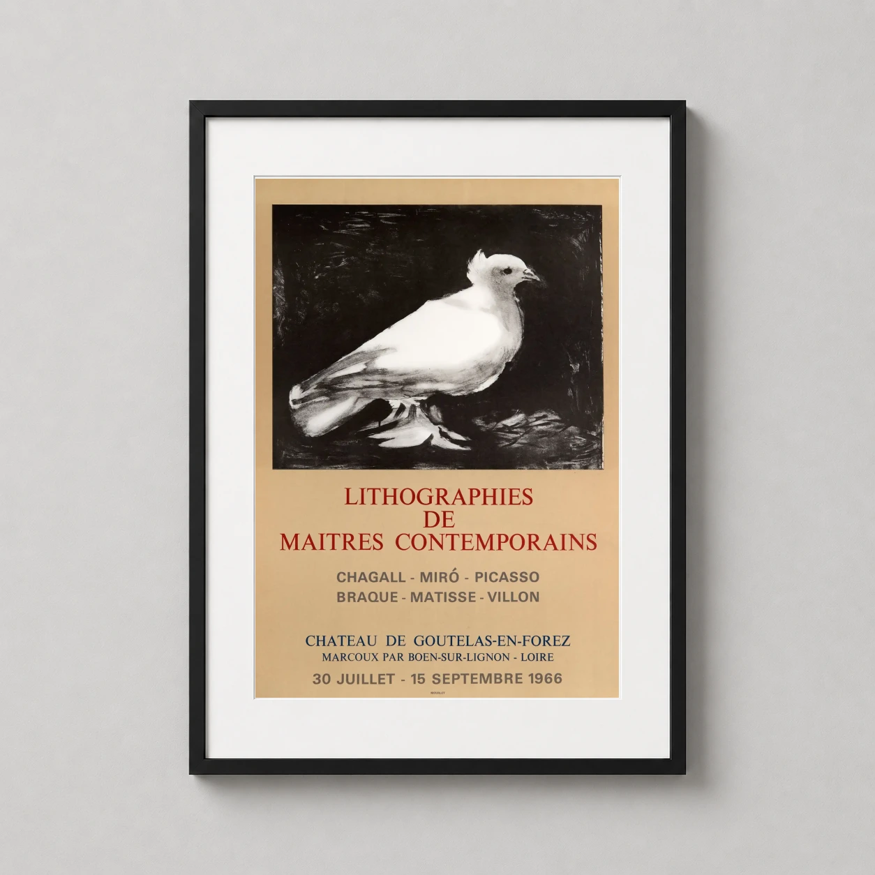 Room mockup of Picasso Dove Vintage 1966 Art Exhibition Print, Masterpiece Decor, displayed as framed wall art in a living room setting as a portrait print with red and white tones.