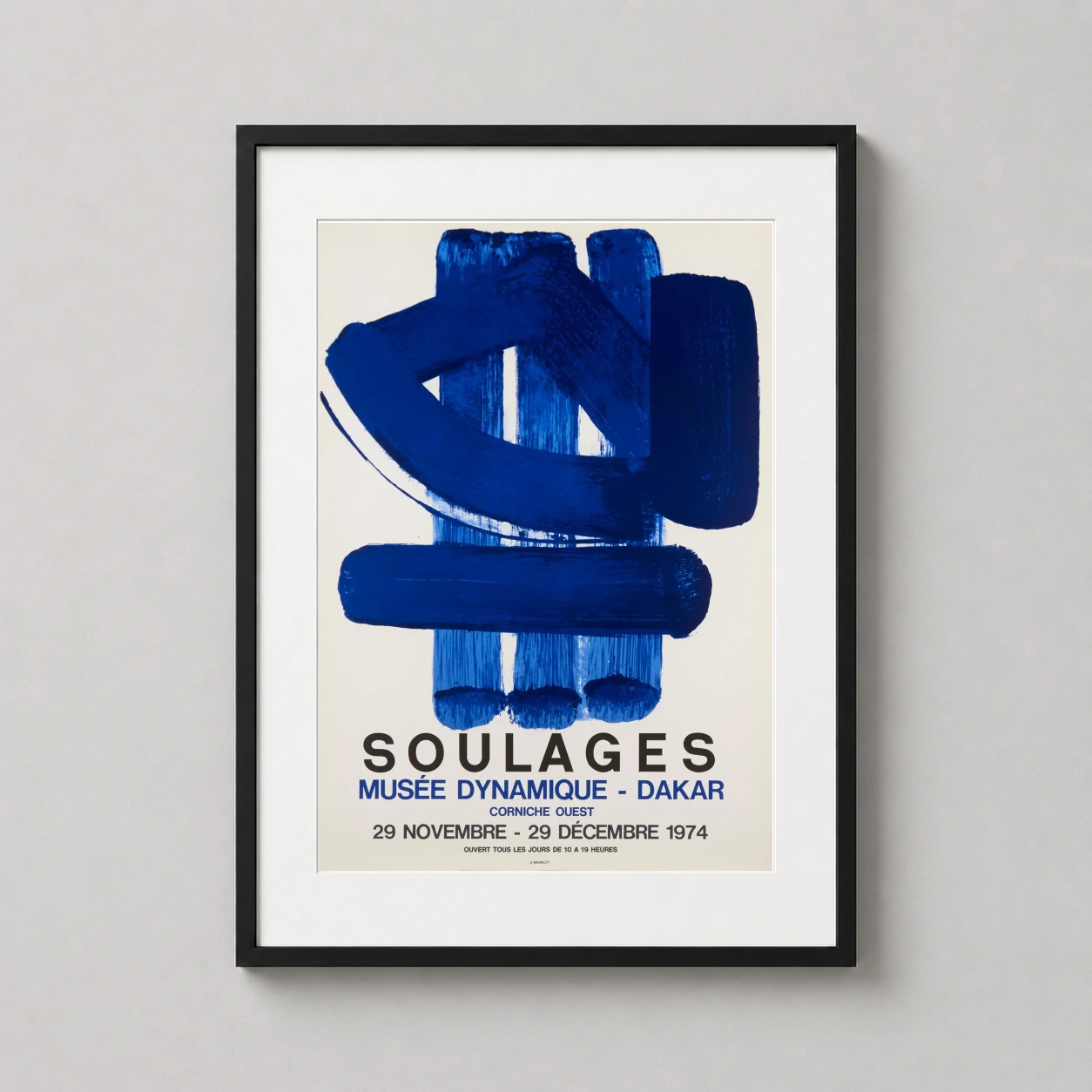 Pierre Soulages Musee Dynamique — this abstract exhibition print features bold blue gestural brushstrokes