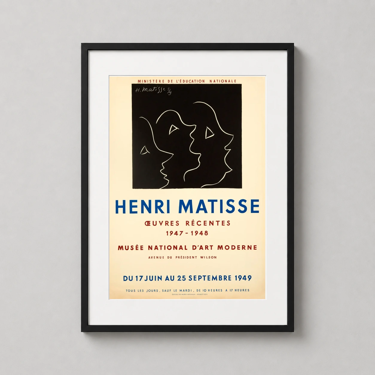 Henri Matisse Oeuvres Récentes — minimalist exhibition poster featuring three white abstract profile