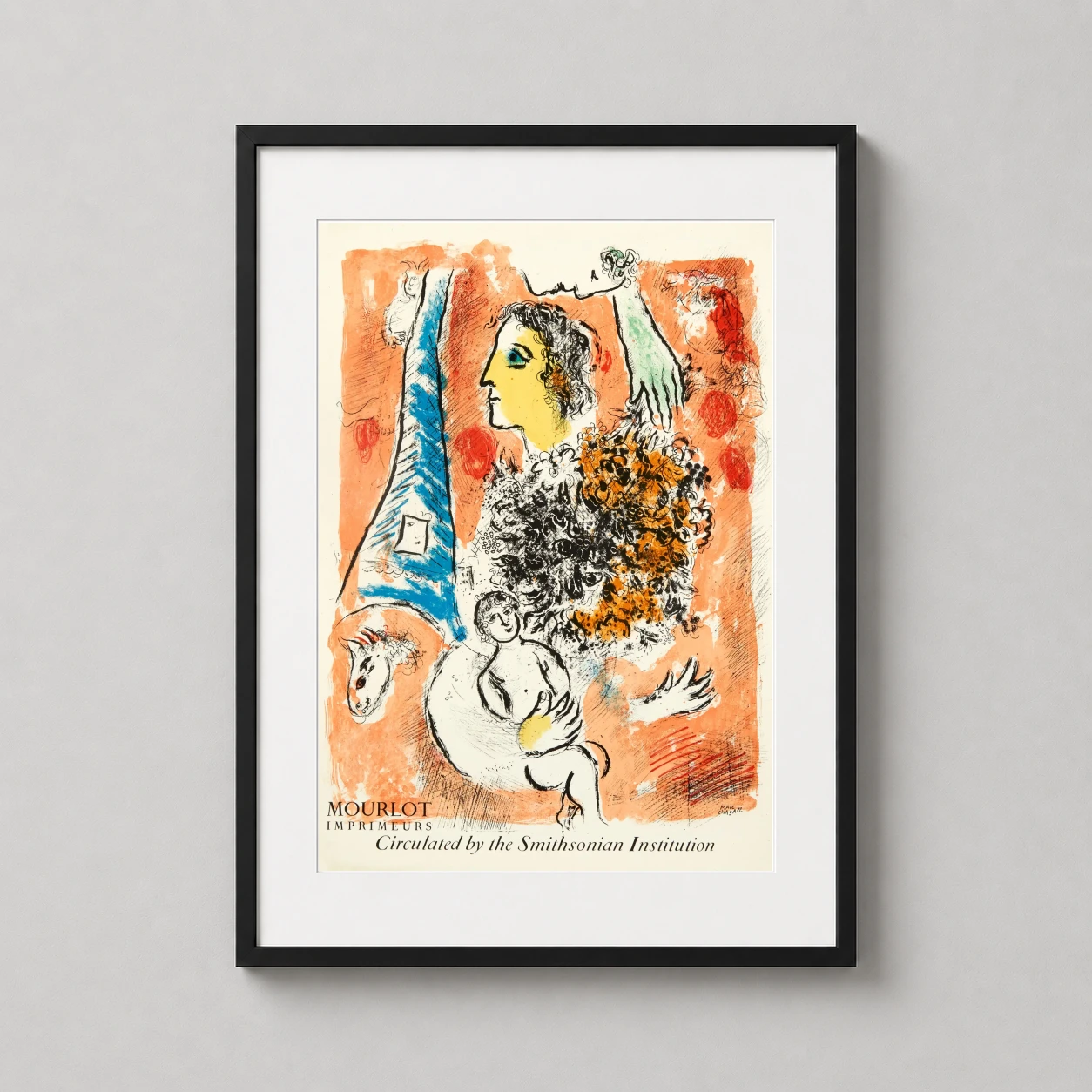 Marc Chagall Offrande À — this surrealist exhibition print features the blue Eiffel Tower, a