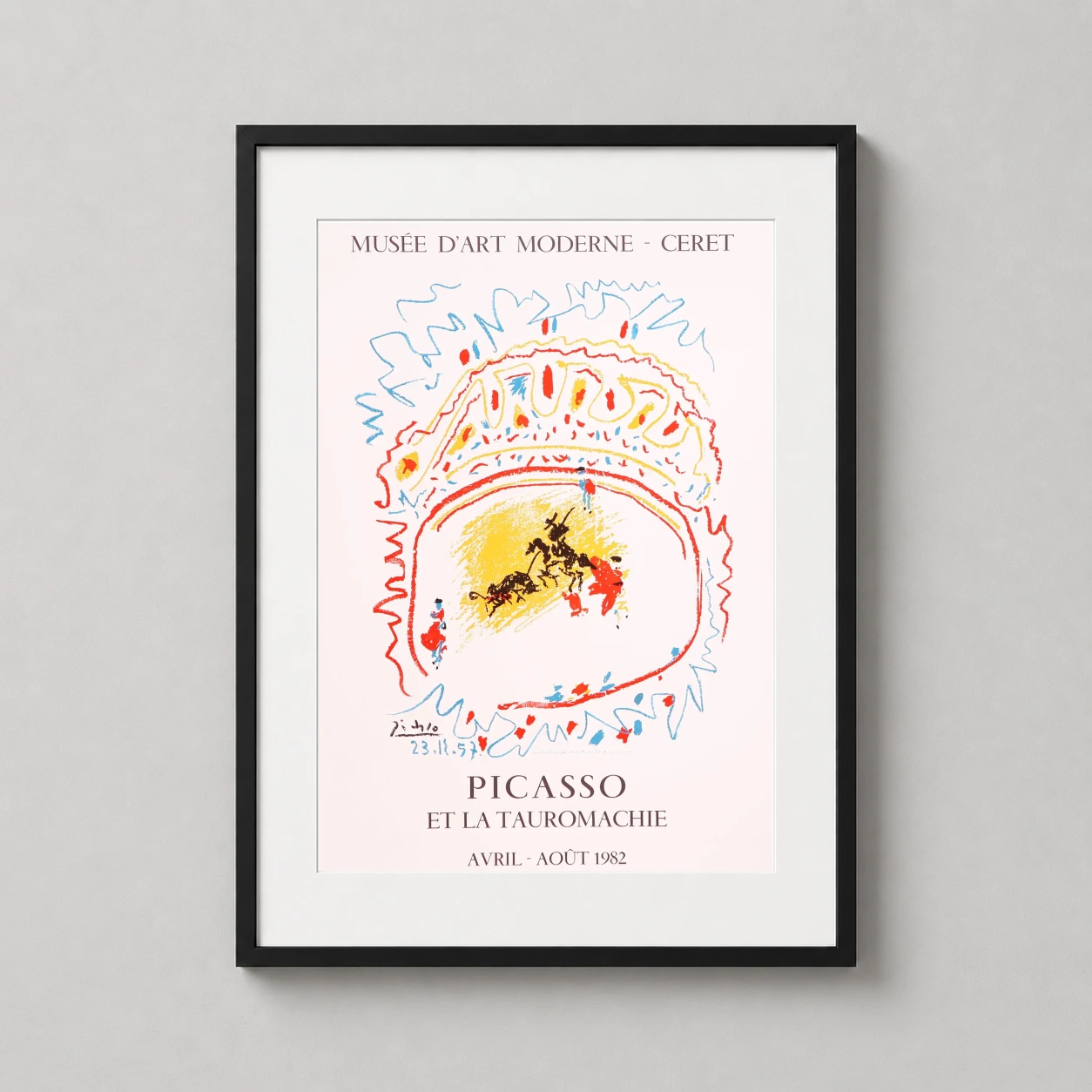 Picasso Et Tauromachie — vibrant 1982 exhibition poster featuring Picasso's sketchy bullfighting