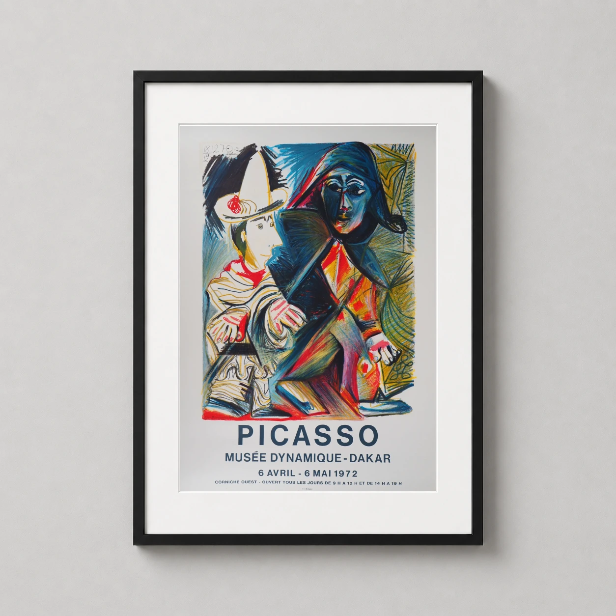 Pablo Picasso Pierrot Et — this vintage exhibition print showcases Picasso’s Pierrot et Arlequin
