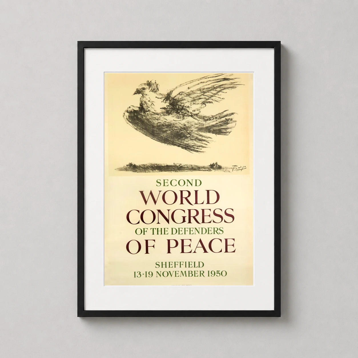 Room mockup of Pablo Picasso Peace Congress 1950 Vintage Dove Sketch Art Print, displayed as framed wall art in a living room setting as a portrait print with green tones.
