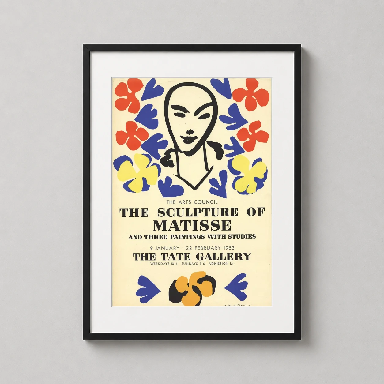 Henri Matisse Sculpture — minimalist black line portrait surrounded by vibrant blue, yellow, and