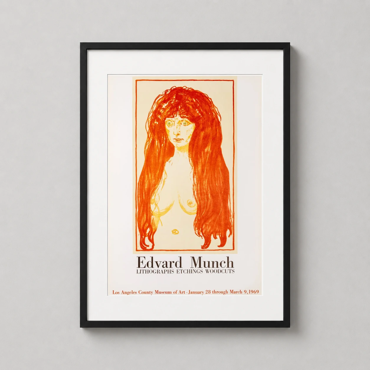 Room mockup of Edvard Munch LACMA 1969 The Sin Retrospective Exhibition Art Print, displayed as framed wall art in a living room setting as a portrait print with red tones.