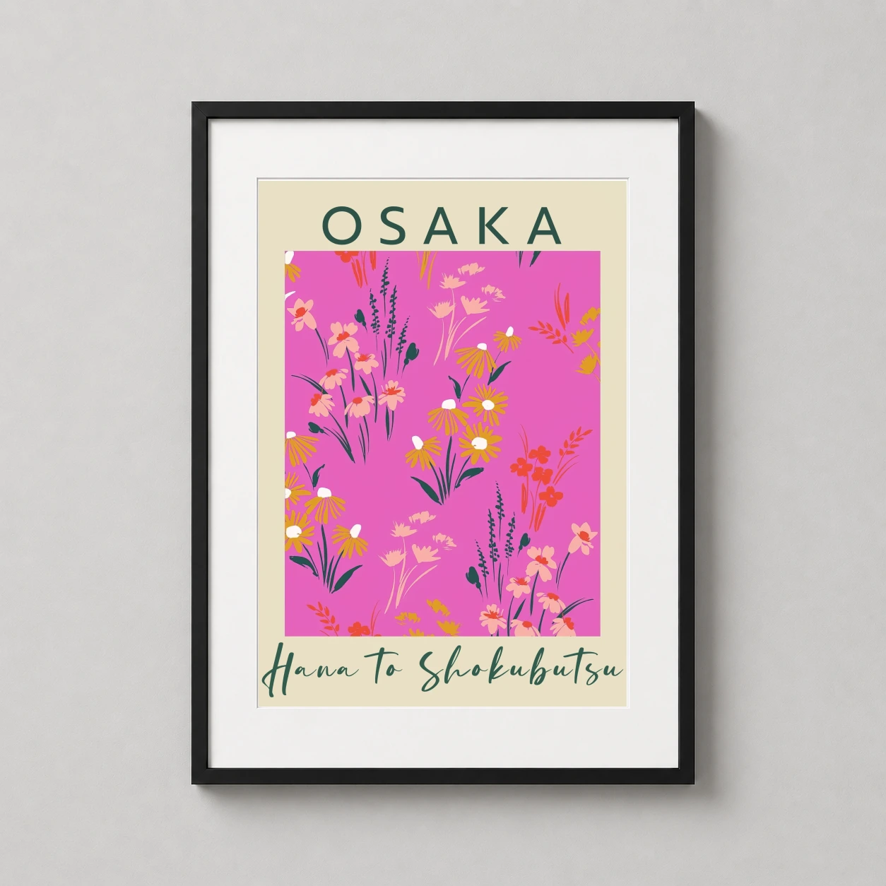 Osaka Floral — vibrant pink botanical art print featuring hand-drawn yellow and peach