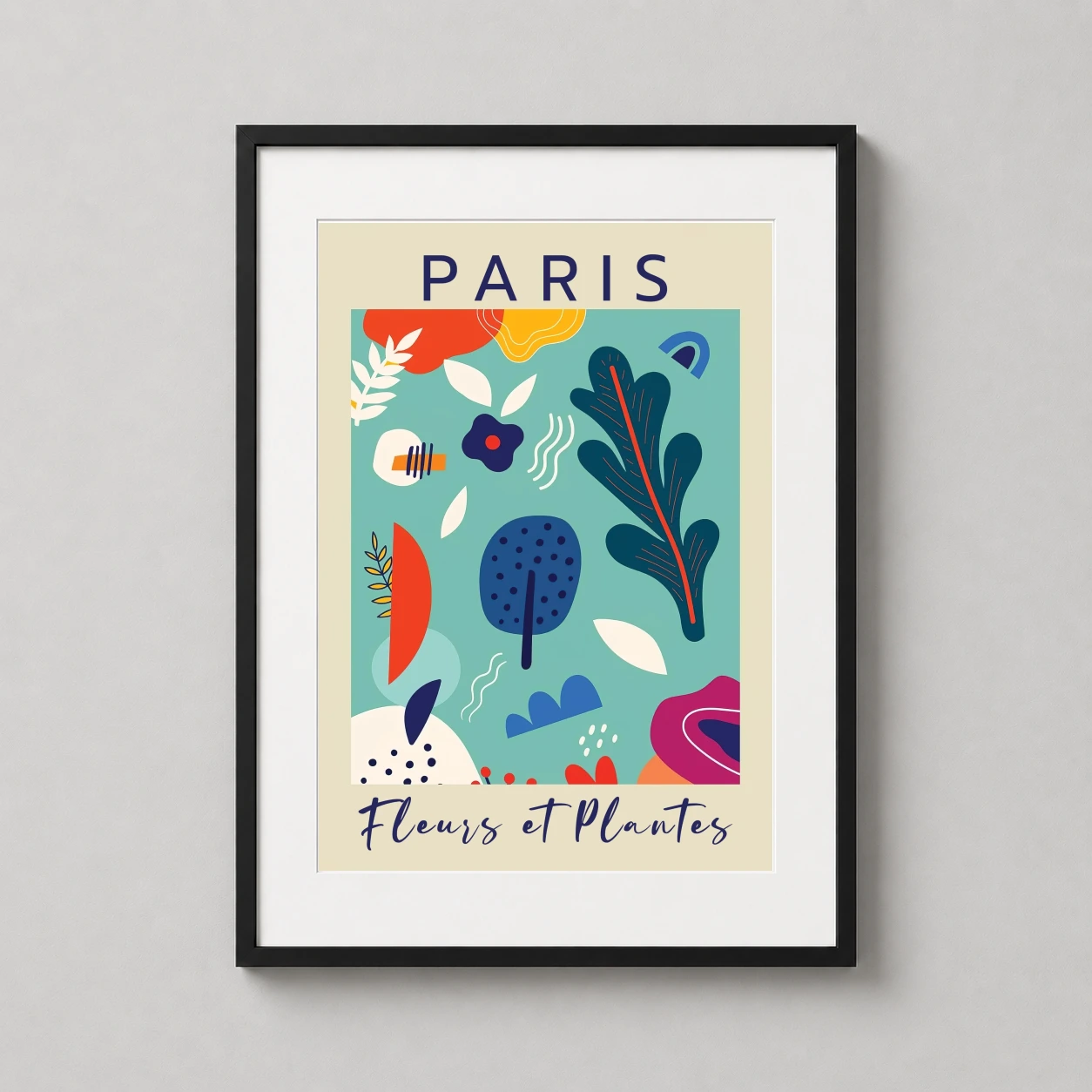Paris Fleurs Et Plantes — abstract botanical composition featuring teal, cobalt blue, and coral