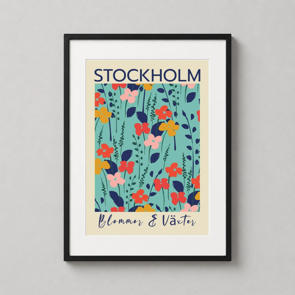 Stockholm — vivid red, pink, and yellow abstract flowers bloom across a turquoise