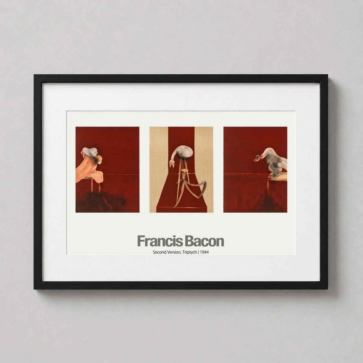 Francis Bacon Second Version — three grotesque biomorphic figures are set against a deep orange-red