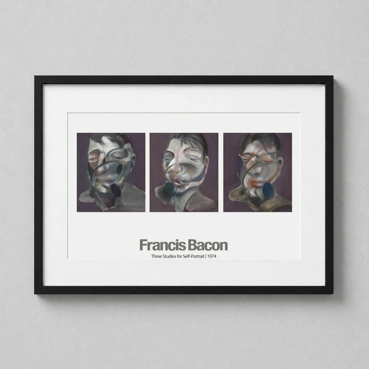 Room mockup of Francis Bacon Three Studies for Self-Portrait 1974 Art Print, displayed as framed wall art in a living room setting as a landscape print with purple and grey tones.