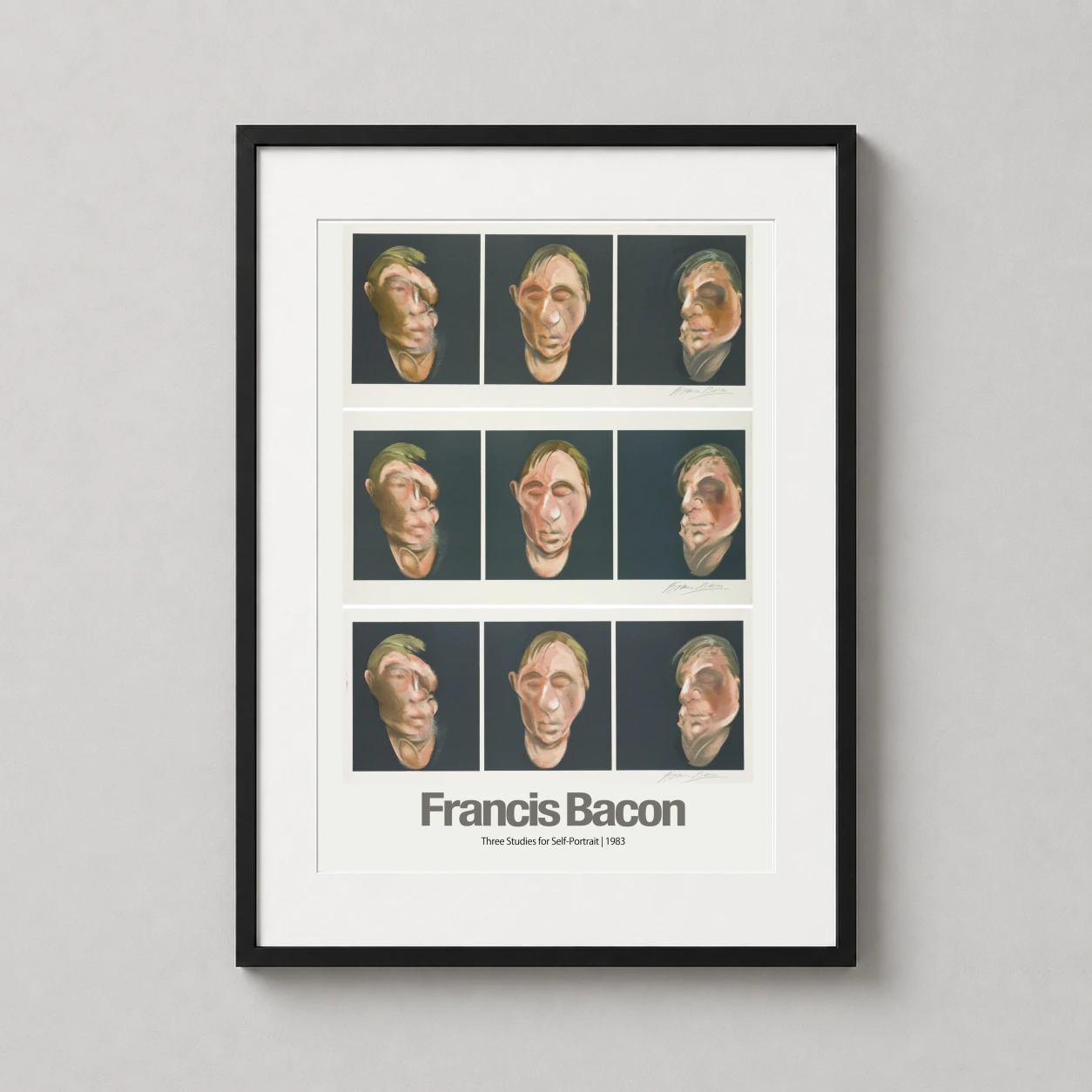 Room mockup of Francis Bacon Three Studies for Self-Portrait 1983 Modern Art Print, displayed as framed wall art in a living room setting as a portrait print with grey tones.