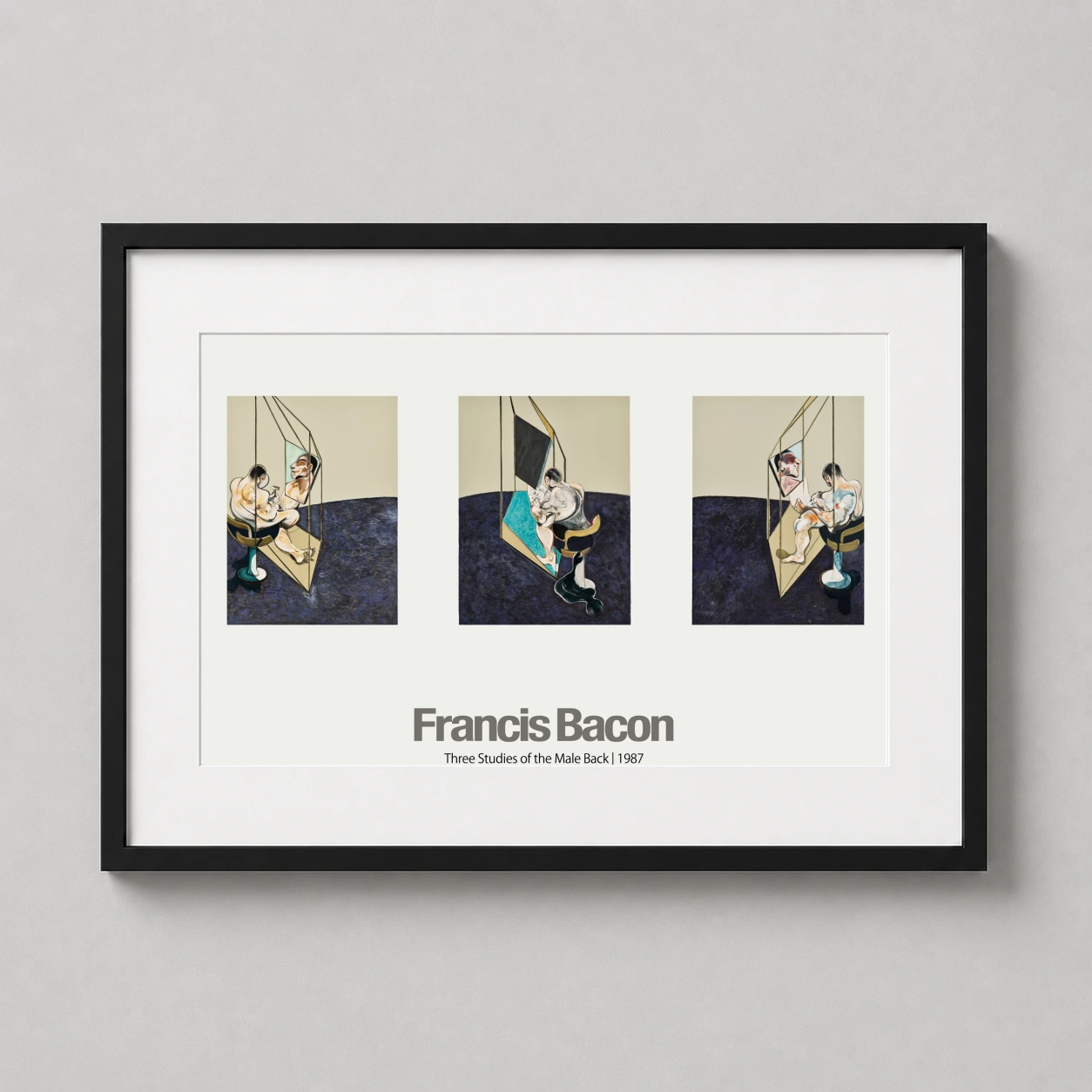 Room mockup of Francis Bacon Three Studies of the Male Back, 1987 Modern Art Print, displayed as framed wall art in a living room setting as a landscape print with blue, purple, and beige tones.