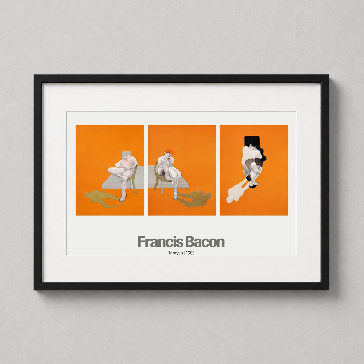 Room mockup of Francis Bacon Triptych 1983 Abstract Figure Study Art Print, displayed as framed wall art in a living room setting as a landscape print with orange tones.