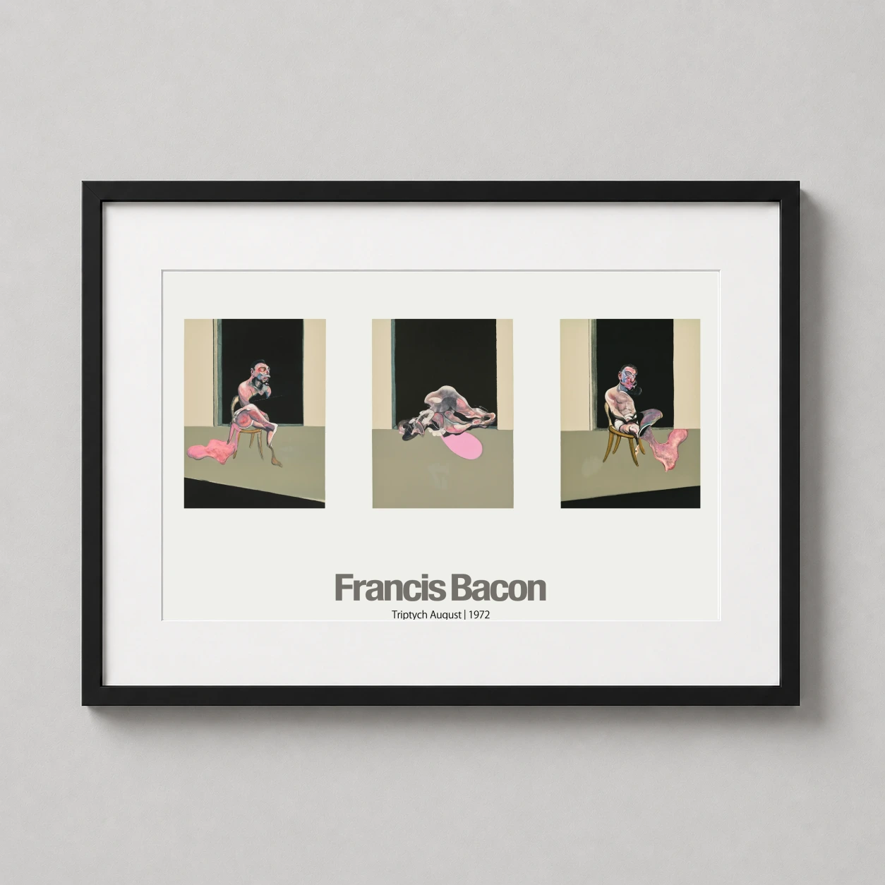 Room mockup of Francis Bacon Triptych August 1972 Modernist Art Print, displayed as framed wall art in a living room setting as a landscape print with brown, grey, and black tones.