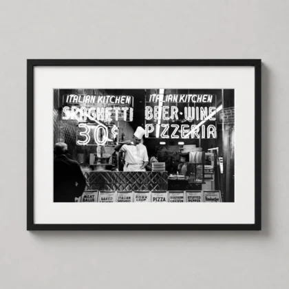 Chef Cooking Spaghetti – Vintage New York City Black-and-White photography print for gallery wall display by MerchFuse