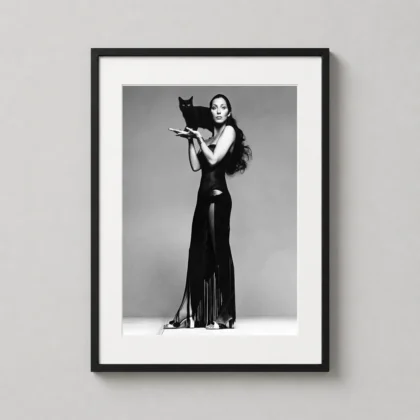 Cher with Black Cat Vintage Black and White Photography Print