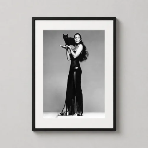 Cher with Black Cat Vintage Black and White Photography Print