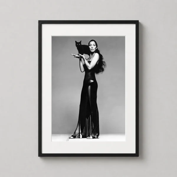Cher with Black Cat Vintage Black and White Photography Print