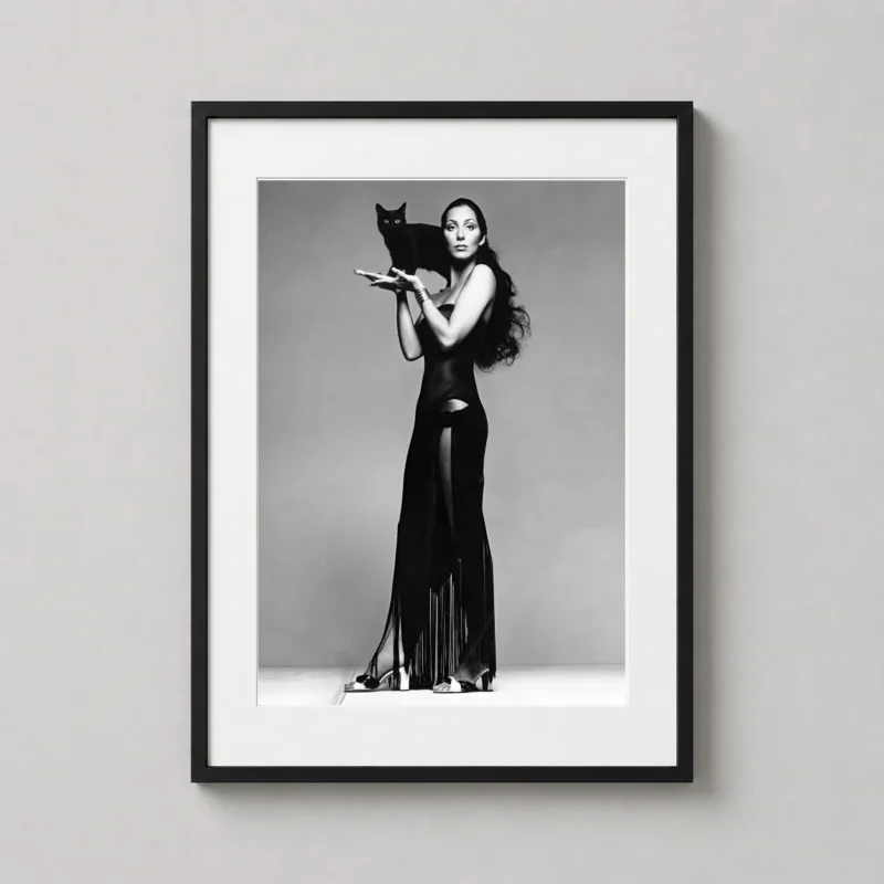 Cher with Black Cat Vintage Black and White Photography Print