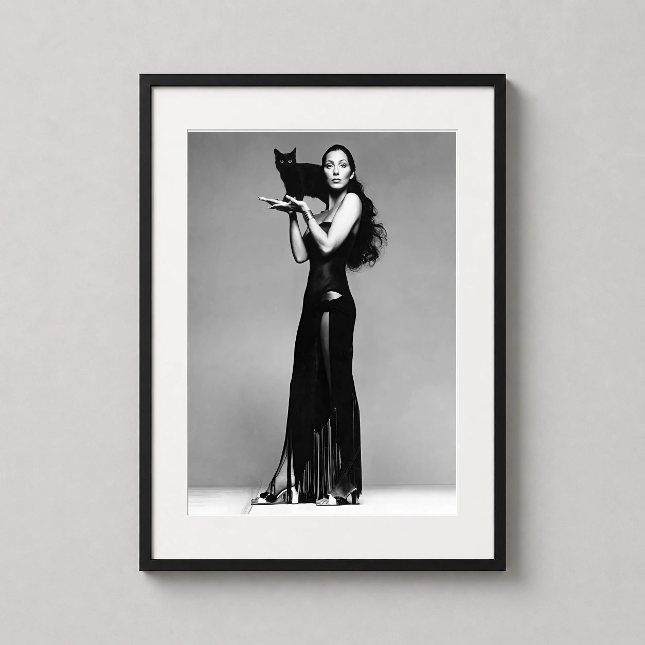 Cher Cat — high-contrast black and white studio portrait featuring Cher in a