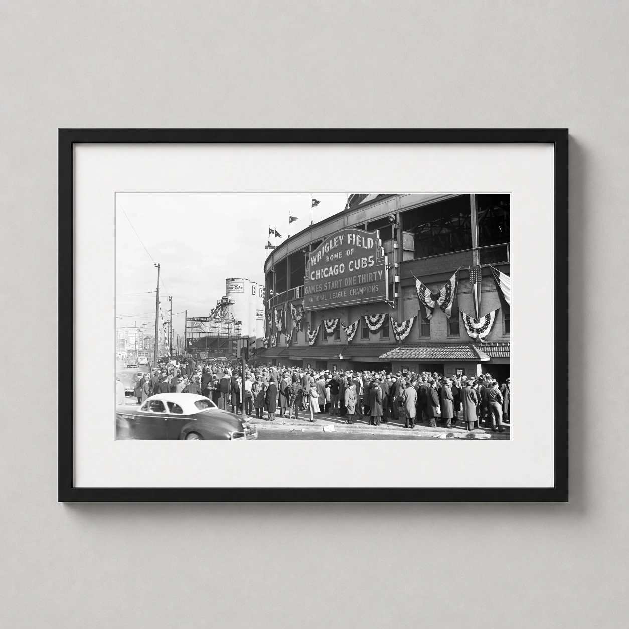 Chicago Cubs Wrigley Field — historic black and white photograph of Wrigley Field featuring the