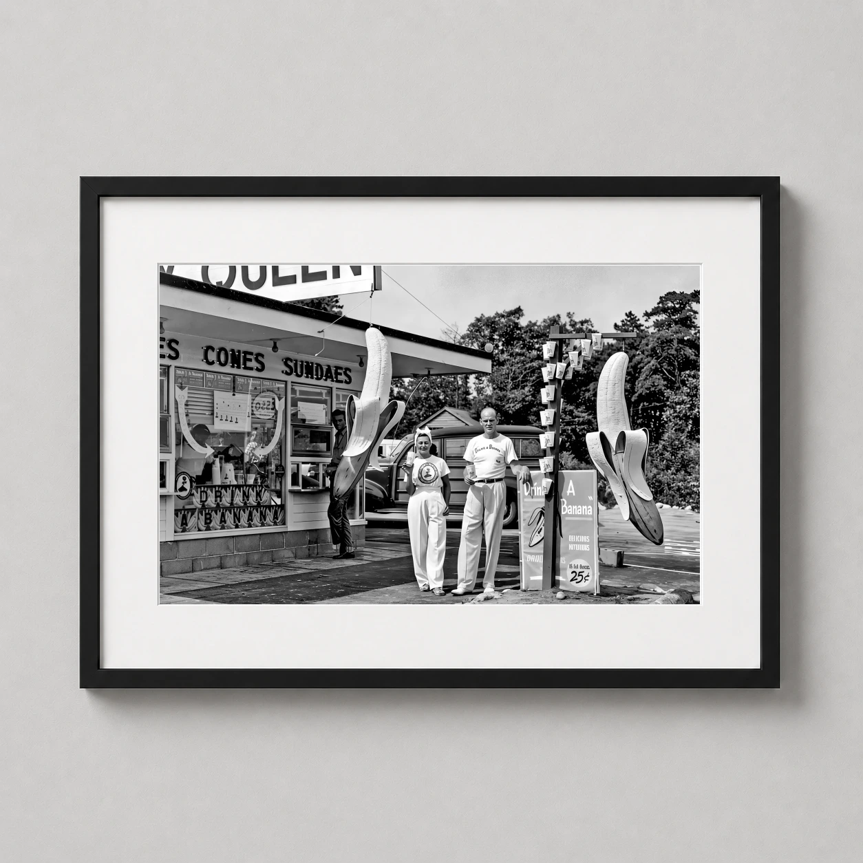 Drink Banana Roadside Dairy Photo — humorous black and white mid-century photograph featuring a retro