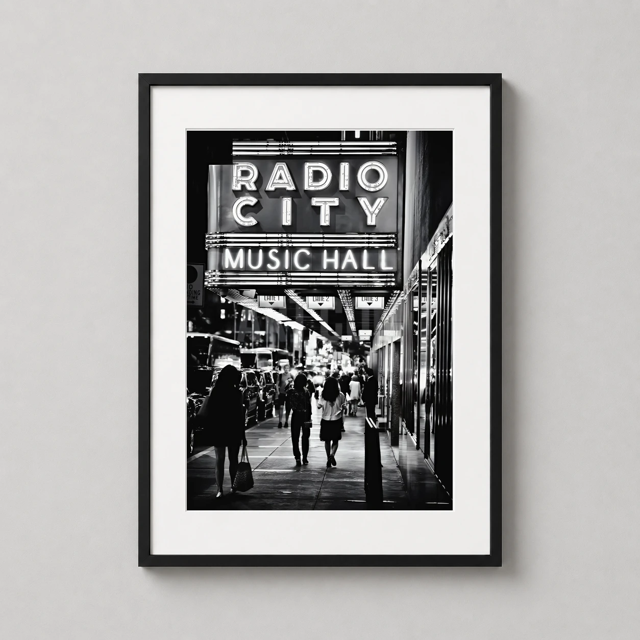 Radio Hall Nyc Photo — dramatic black and white street photography print featuring the glowing