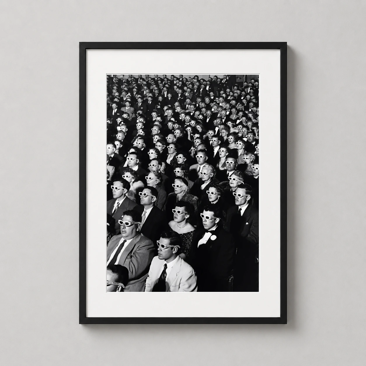 Room mockup of Vintage Cinema Audience 3D Glasses Black and White Movie Poster, displayed as framed wall art in a home theater setting as a portrait print with black and white and gold tones.