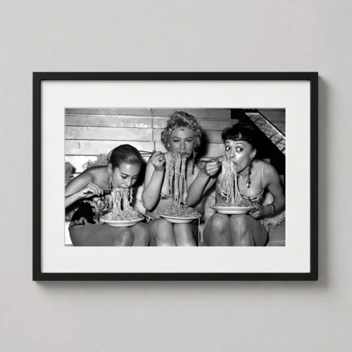 Women Eating Spaghetti Vintage Black and White Photography Print