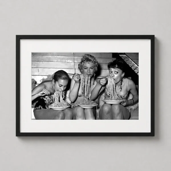 Women Eating Spaghetti Vintage Black and White Photography Print