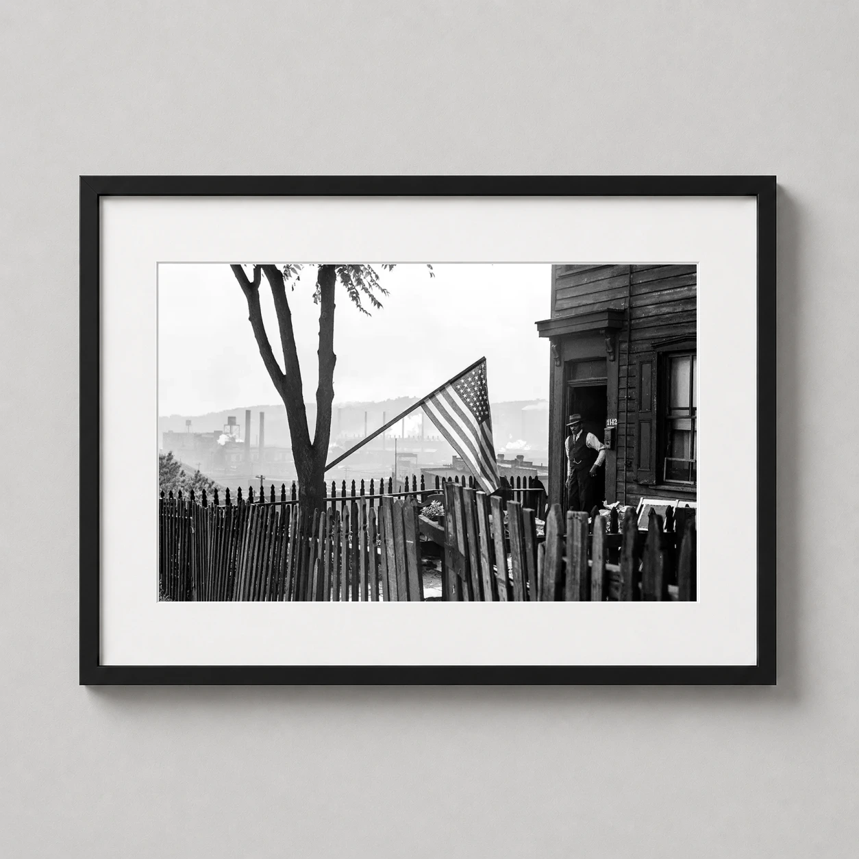Flag Day Pittsburgh Photo — monochrome 1941 photograph of an African American man in Pittsburgh