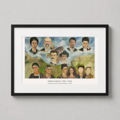 Frida kahlo family portrait poster showing 1950 unfinished painting with family tree and sketched elements