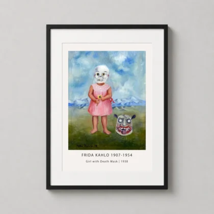 Girl with death mask poster showing 1938 Frida Kahlo painting of child in calavera mask with yellow flowers