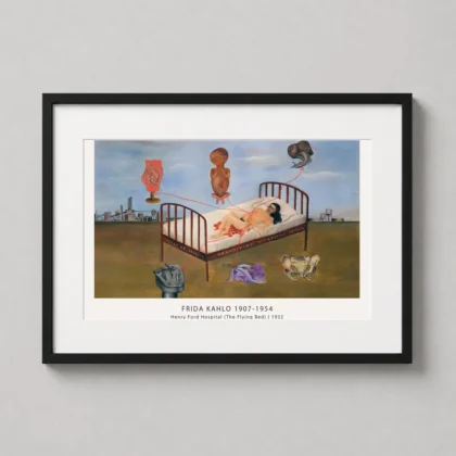 Henry ford hospital poster showing 1932 Frida Kahlo painting of floating bed with symbolic objects and red ribbons