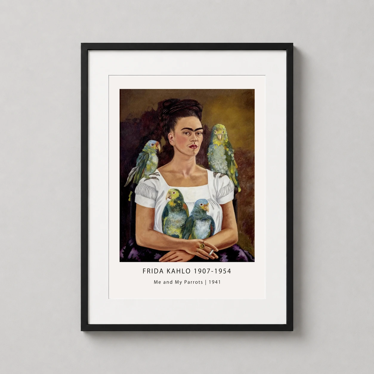 Me My Parrots Frida — serene 1941 Frida Kahlo self-portrait featuring the artist in a white