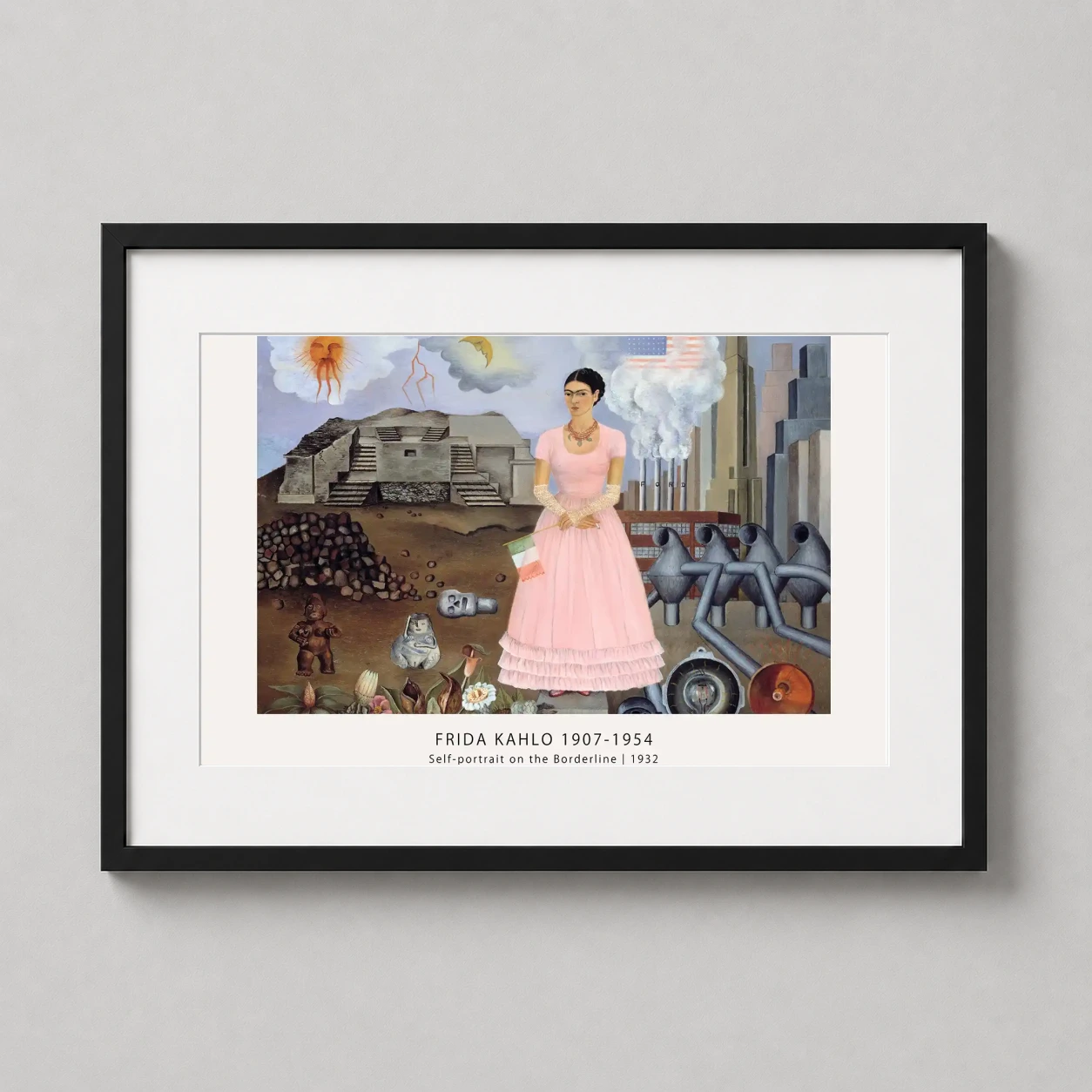 Self Borderline — frida Kahlo stands in a pink gown between an Aztec temple and