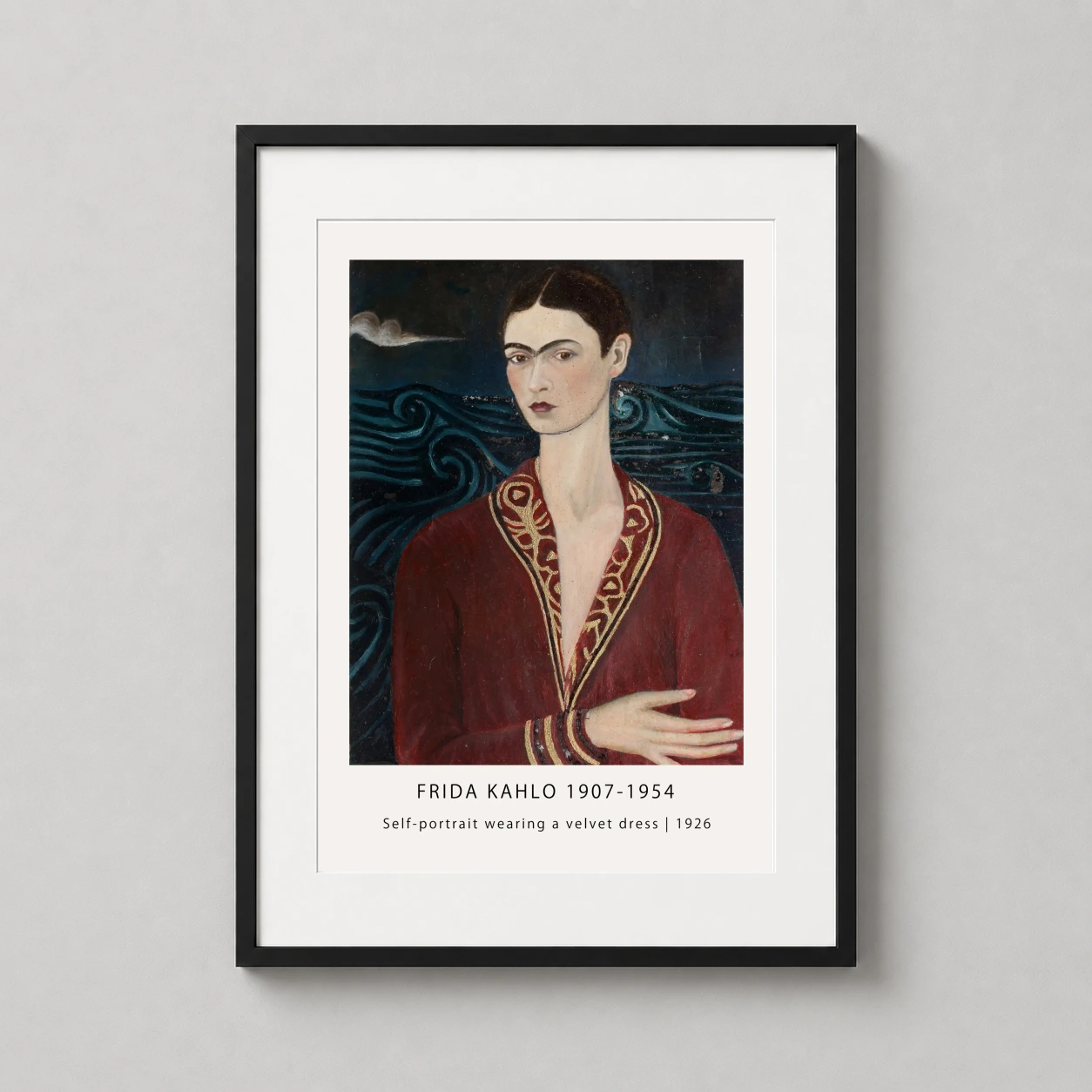 Self Wearing Velvet Dress — this 1926 fine art print features Frida Kahlo in a deep wine-red velvet
