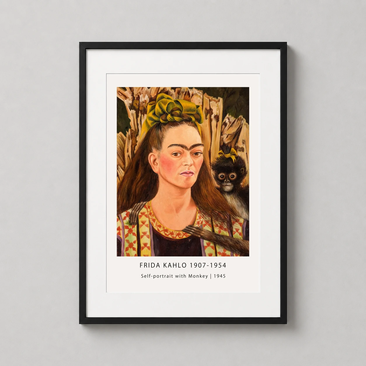 Self Monkey — focused portrait of Frida Kahlo in a patterned dress and yellow bow