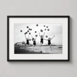 Vintage Beach Girls with Balloons Black and White Photography Print