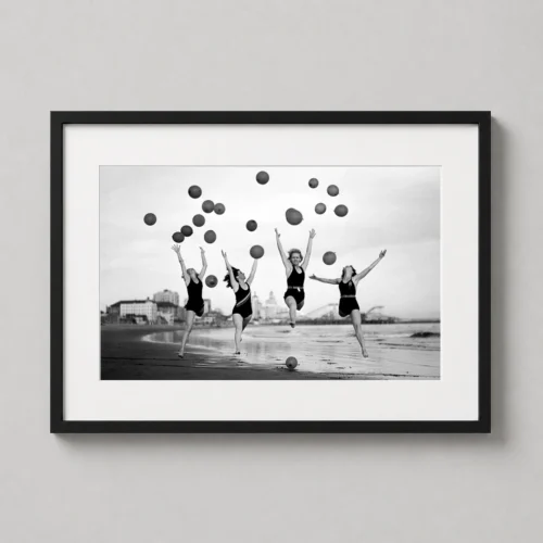Vintage Beach Girls with Balloons Black and White Photography Print