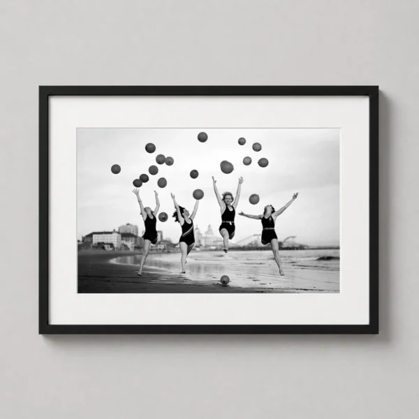 Vintage Beach Girls with Balloons Black and White Photography Print