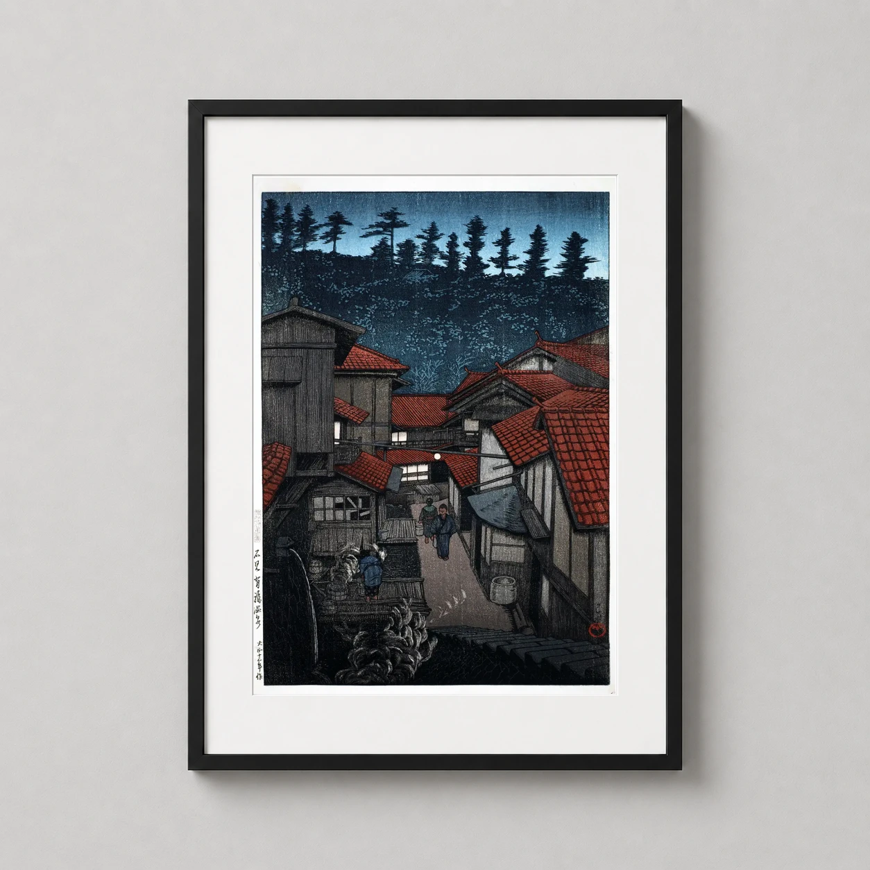 Room mockup of Arifuku Hot Spring by Kawase Hasui Japanese Woodblock Art Print, displayed as framed wall art in a bedroom setting as a portrait print with blue and red tones.
